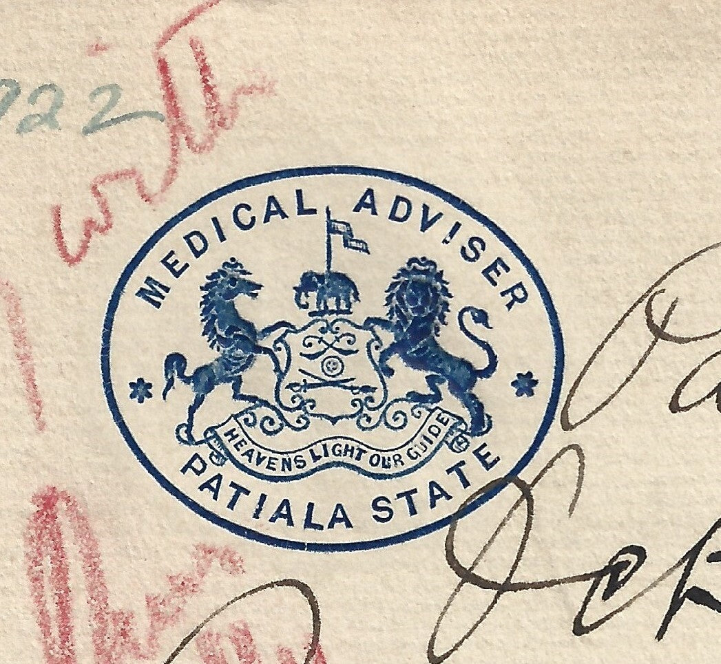 India MEDICAL OFFICER * PATIALA STATE crested letter used 1922