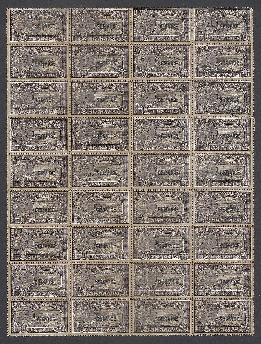 India Travancore 1942 6ca perf. 12 used block of 36. SG O103 £18