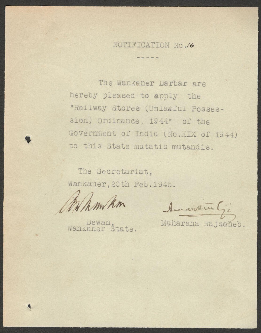 India 1945 RAILWAY STORES UNLAWFUL P.. ORDER signed Amar Singh MAHARAJA WANKANER