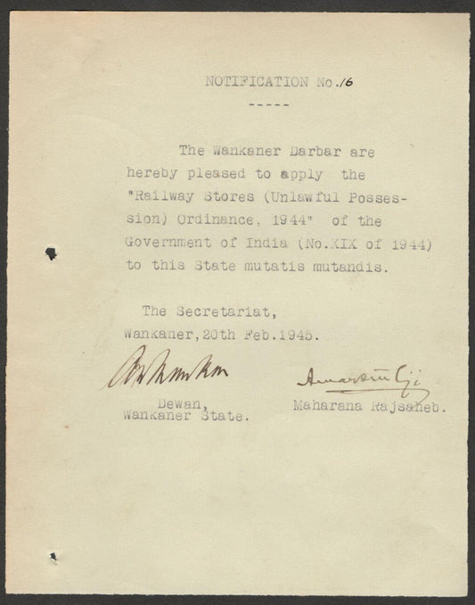 India 1945 RAILWAY STORES UNLAWFUL P.. ORDER signed Amar Singh MAHARAJA WANKANER