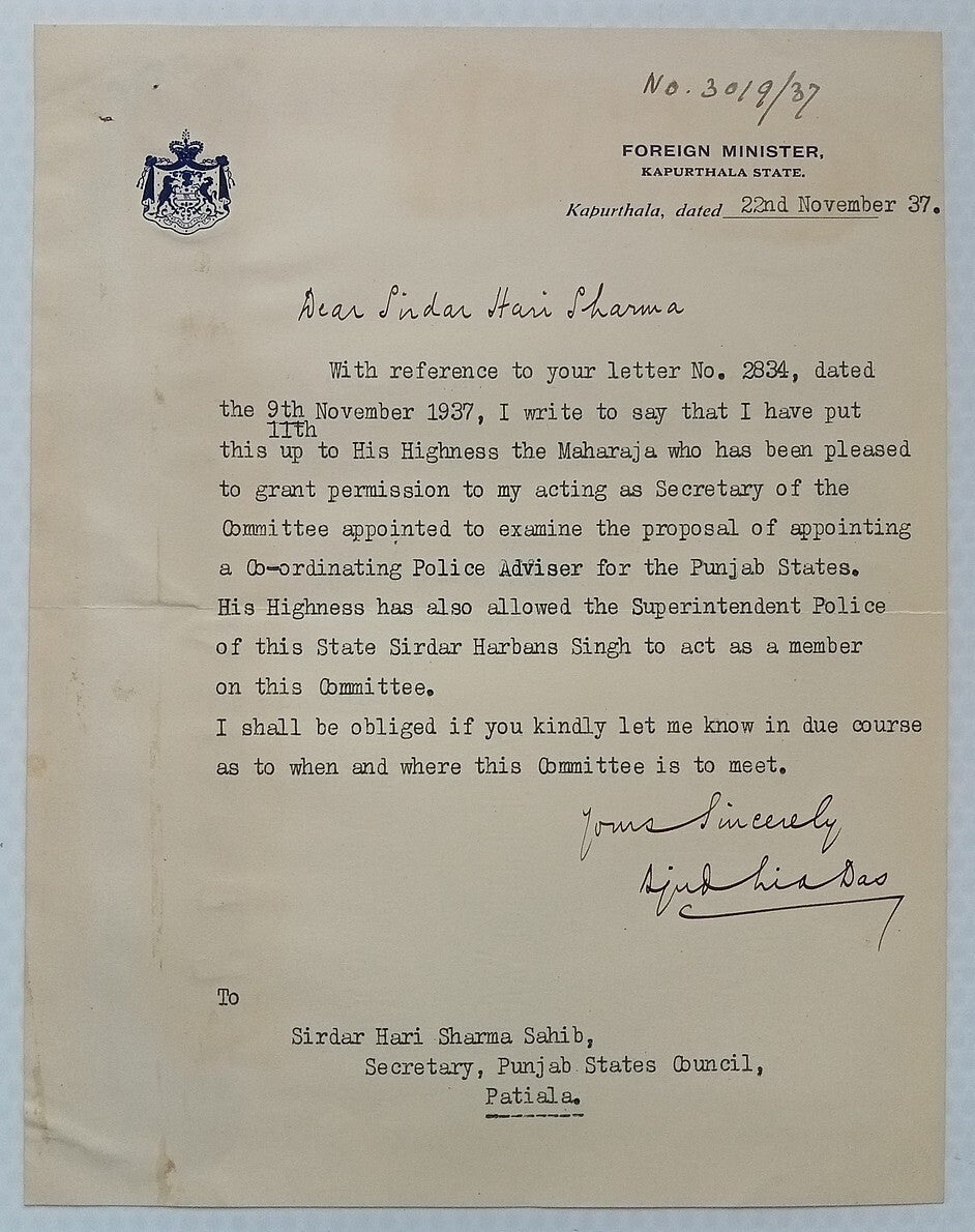 KAPUTHALA STATE FOREIGN MINISTER signed crested letter 1937 India
