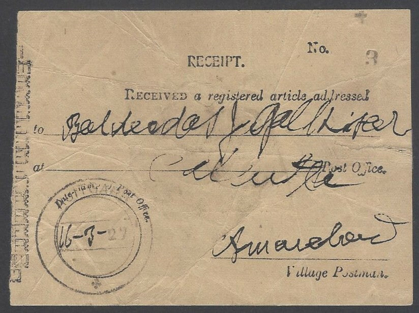 AOPIMT India Village Office registered letter receipt 1927 