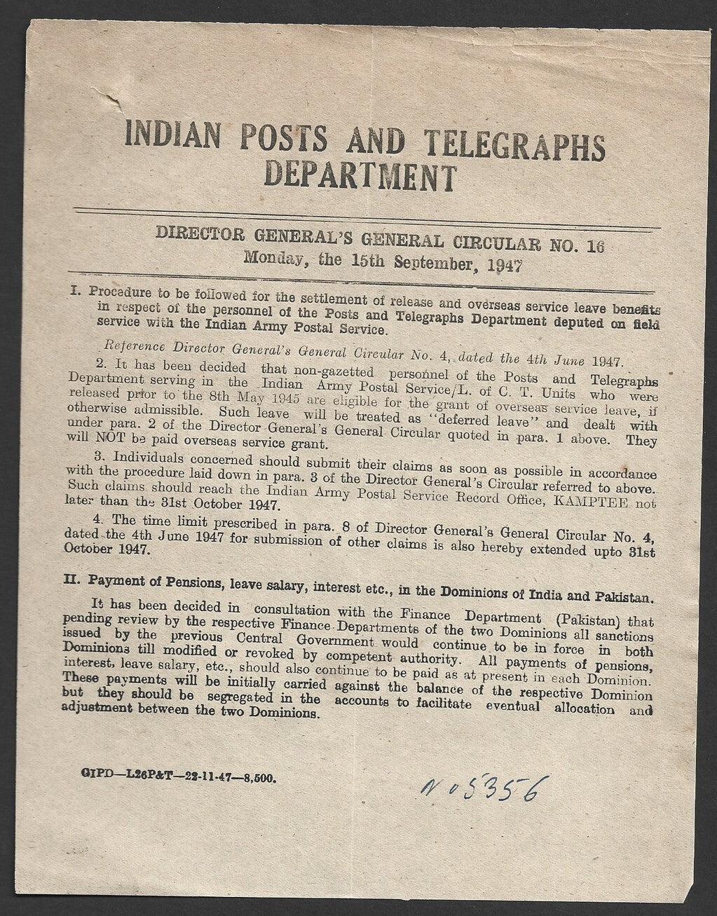 India POSTAL CIRCULAR No. 16 15th Sep.1947 Indian Army Postal Service