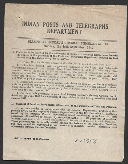 India POSTAL CIRCULAR No. 16 15th Sep.1947 Indian Army Postal Service