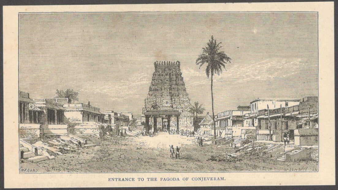 India ENTRANCE TO PAGODA OF CONJEVERAM engraved print - Rousslet 1876 6.5"x3.5"