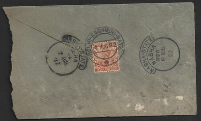 India 1922 single franked VPP (Value Payable) On Postal Service cover