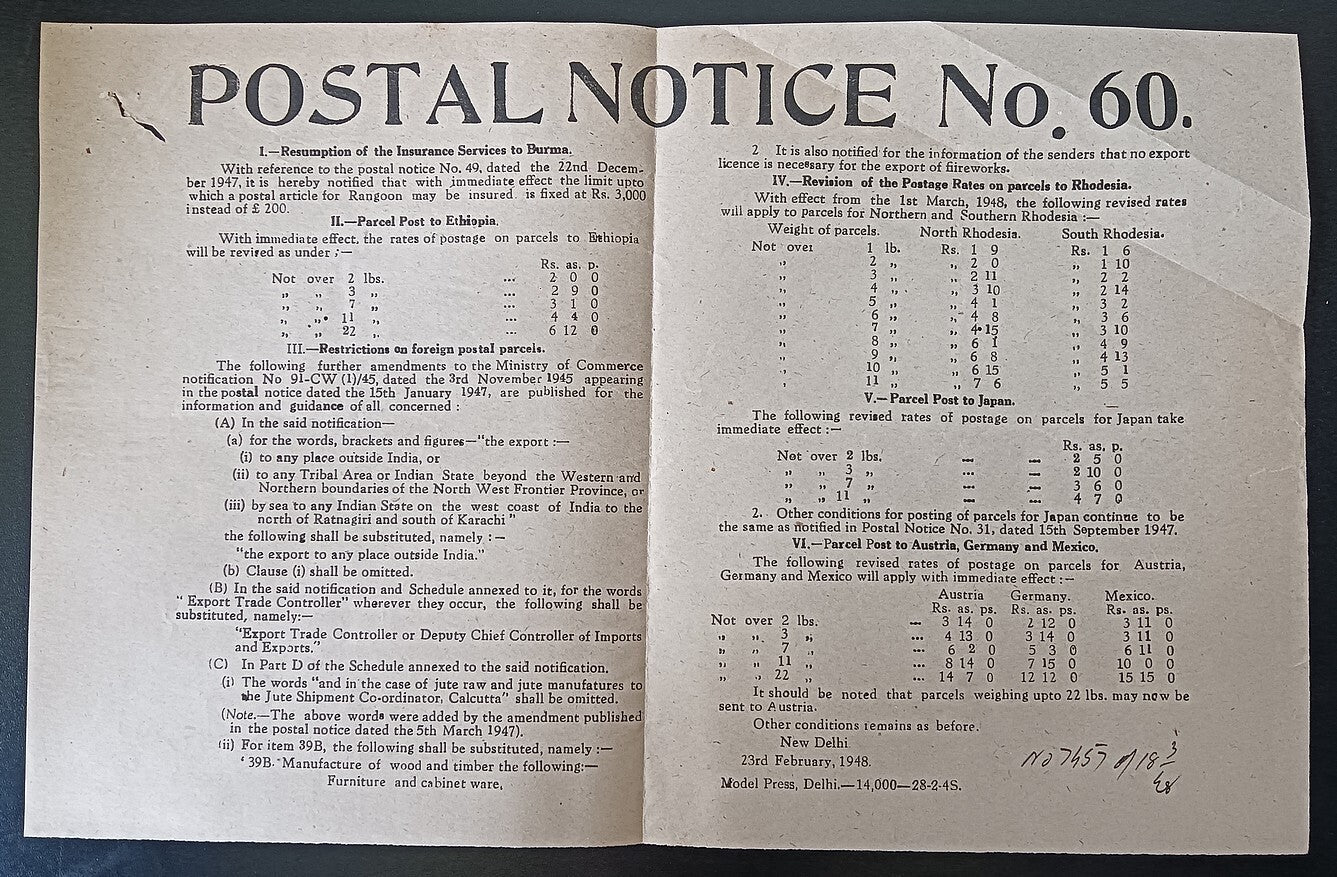 India POSTAL NOTICE No. 60 23 Feb.1948 Postal rates for Ethiopia Rhodesia Burma