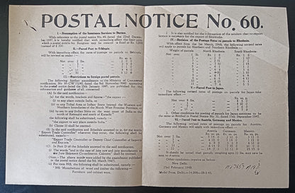India POSTAL NOTICE No. 60 23 Feb.1948 Postal rates for Ethiopia Rhodesia Burma