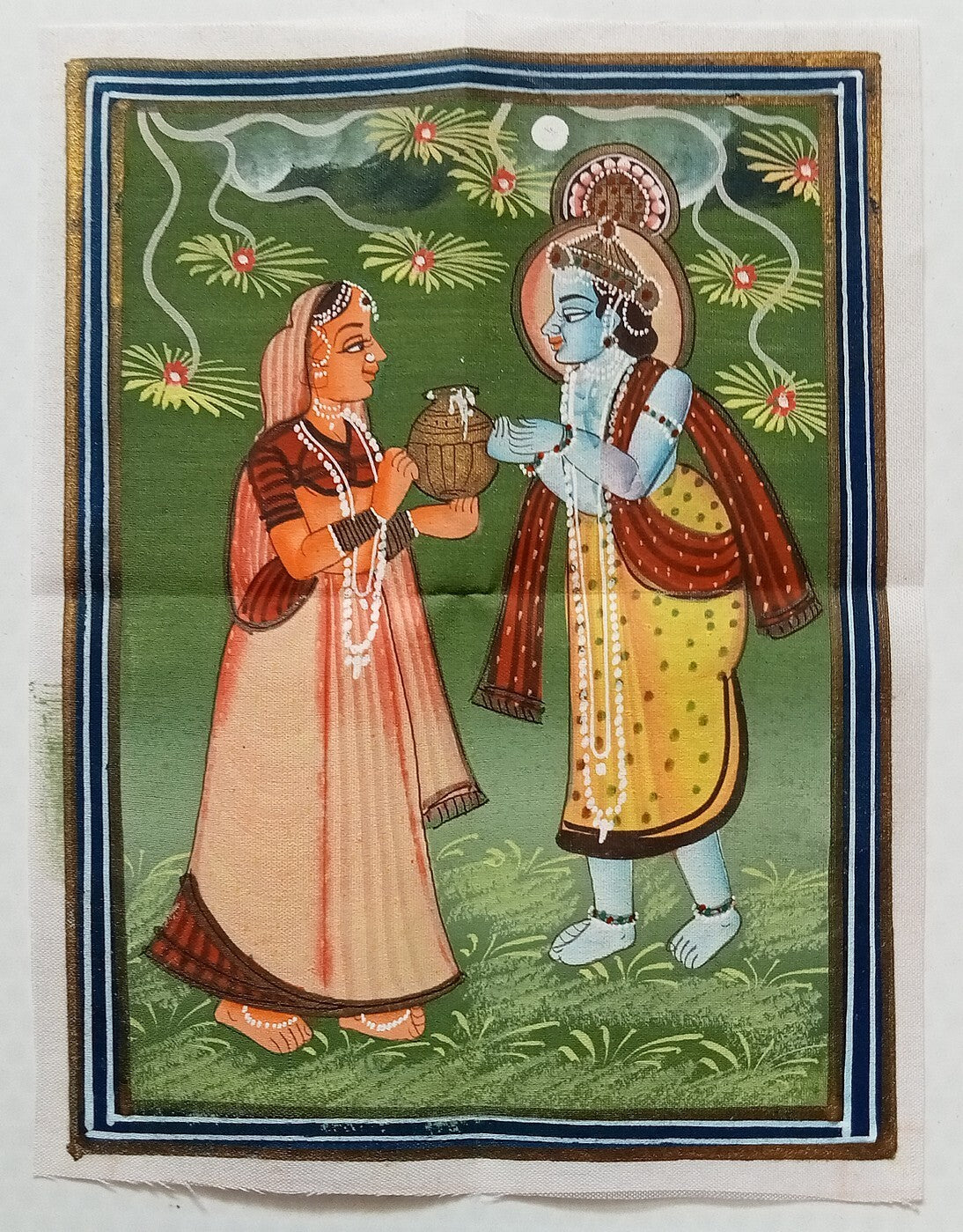 India vintage hand painting on cloth RADHA & KRISHNA 6 x 7 inches
