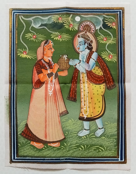India vintage hand painting on cloth RADHA & KRISHNA 6 x 7 inches