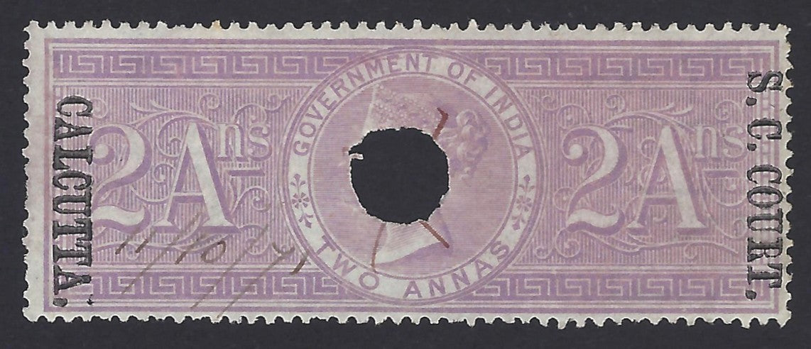 India SMALL CAUSE COURT CALCUTTA QV 1868- QV 2a on Sp Adh used. Barefoot #50