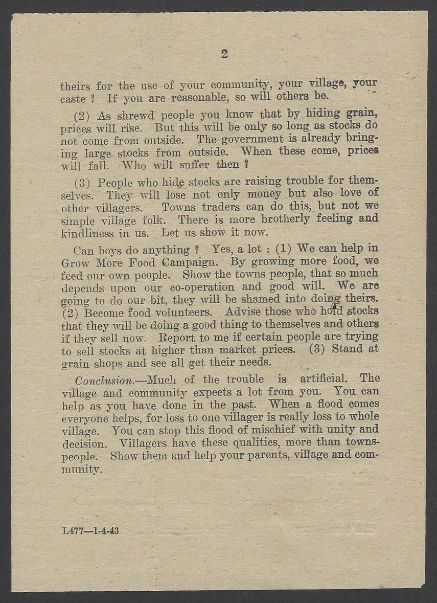 India WW2 National War Front Propaganda leaflet Talking Points for Rural Schools