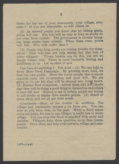India WW2 National War Front Propaganda leaflet Talking Points for Rural Schools