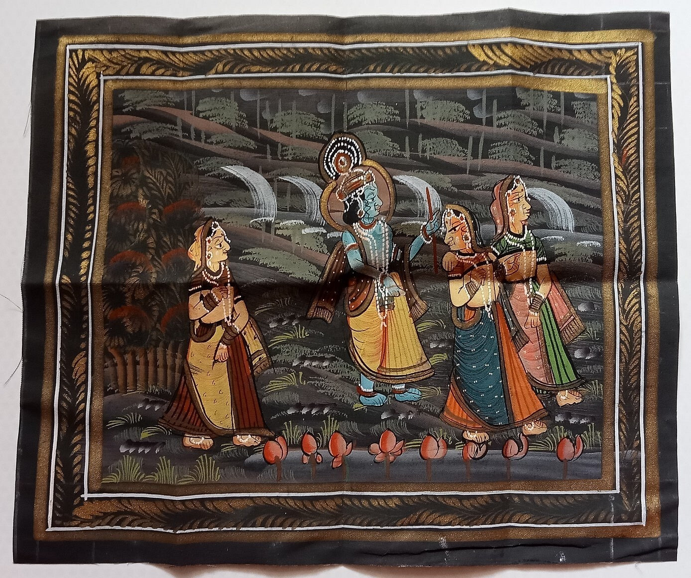 India vintage hand painting on cloth KRISHNA & 3 GOPIS 10 x 11 inches