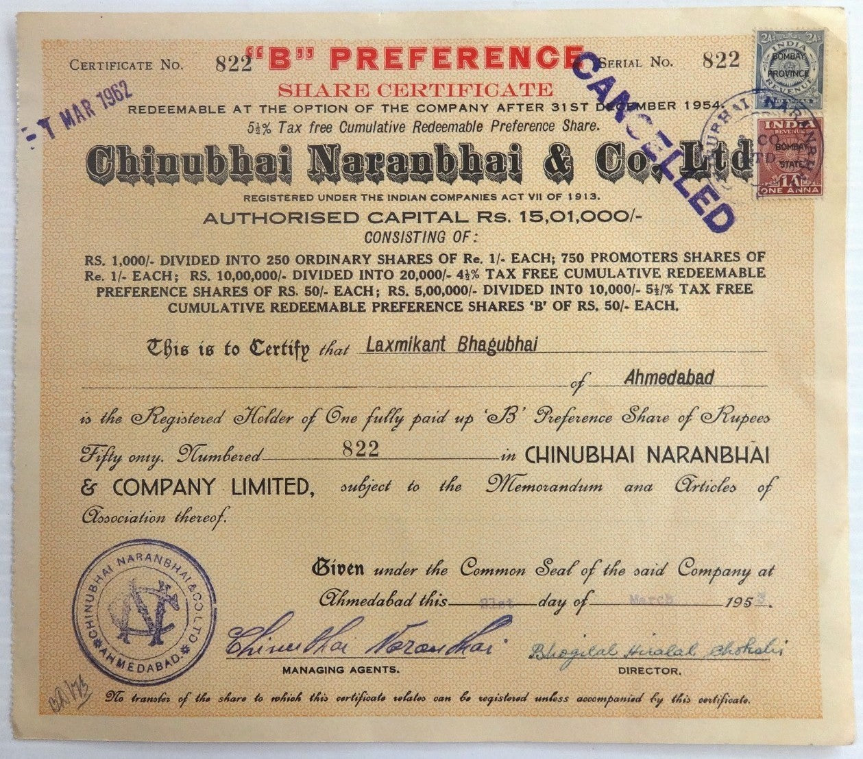 India 1953 Chinubhai Naranbhai & Co. Ltd share certificate