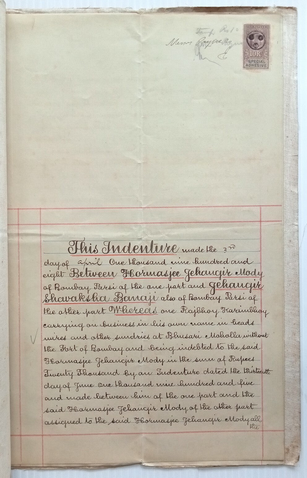 AOP India 1908 3 page Indenture KEdVII 10R