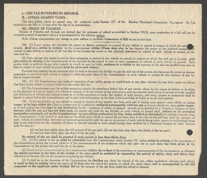 AOP India 1951 Bombay Municipal Corporation BILL FOR TAX ON VEHICLES AND ANIMALS