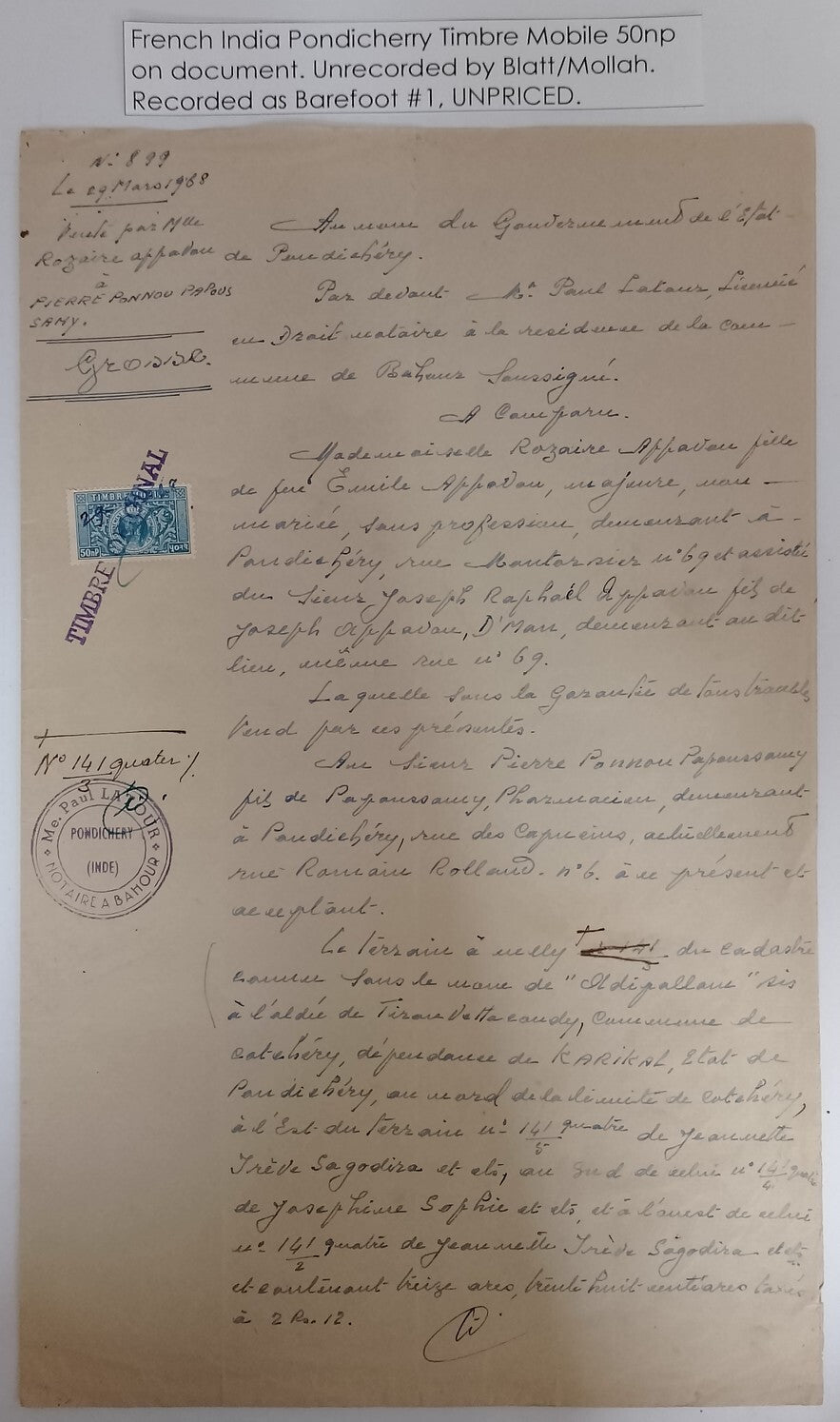 AOP French India 50np TIMBRE MOBILE revenue stamp on 1968 KARIKAL document