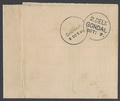 AOP India QV OHMS 1/2a blue canc Type 17b "3/B-21/1" DHORAJI to Gondal