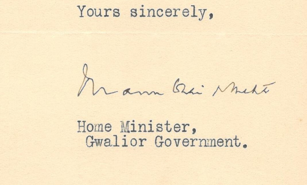 India 1938 crested letter HOME MINISTER / GWALIOR GOVERNMENT signed