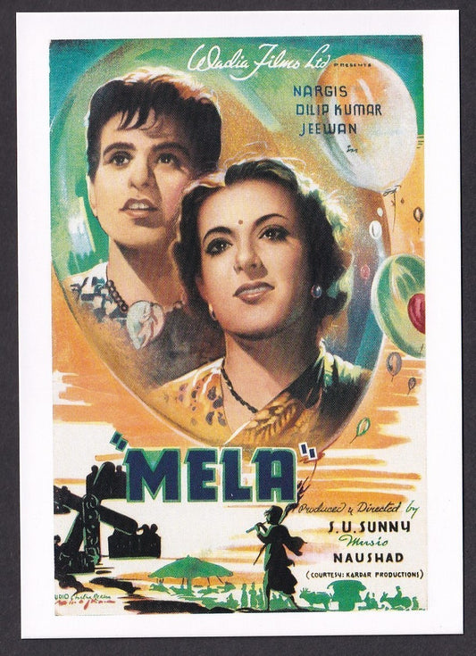 Bollywood Wadia Movitone postcard showing poster of MELA Dilip Kumar