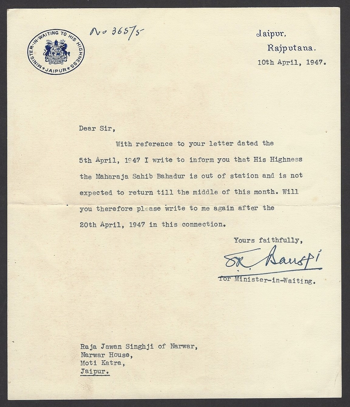 India 1947 crested letterhead MINISTER IN WAITING TO HIS HIGHNESS JAIPUR