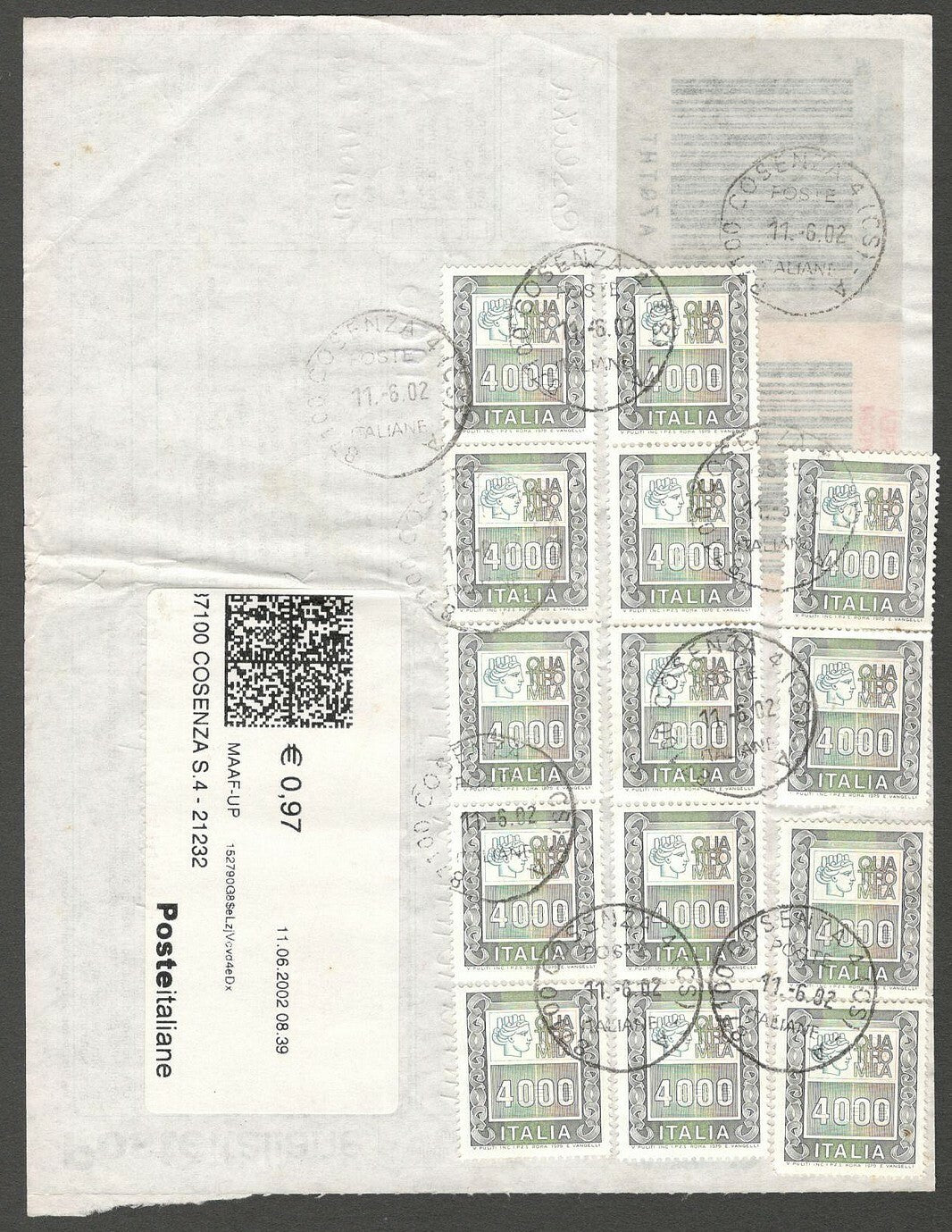AOP Italy parcel card to India with 1977-87 4000 Lire x 14 & meter postage