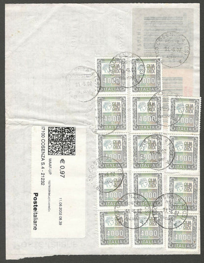 AOP Italy parcel card to India with 1977-87 4000 Lire x 14 & meter postage