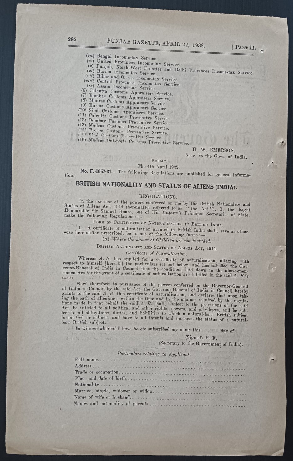 India 1932 The Government Gazette, Punjab British Nationality & Status of Aliens