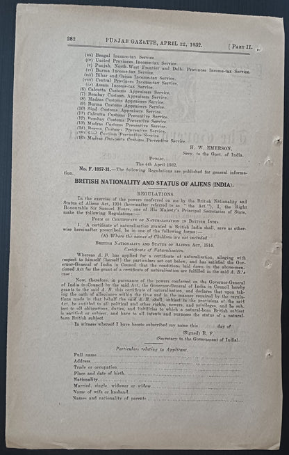 India 1932 The Government Gazette, Punjab British Nationality & Status of Aliens