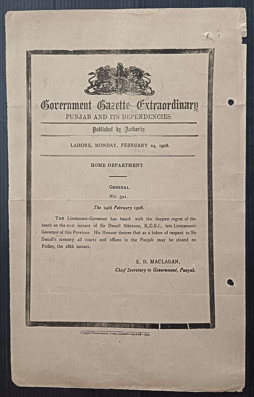 India 1908 mourning Gazette notifying the death of Lt. Gov. Sir Denzil Ibbetson