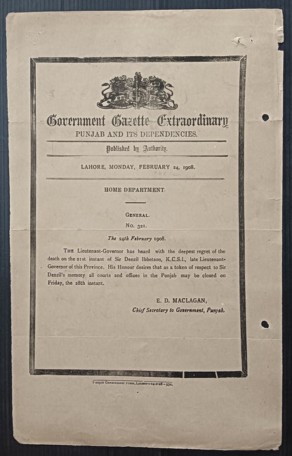 India 1908 mourning Gazette notifying the death of Lt. Gov. Sir Denzil Ibbetson