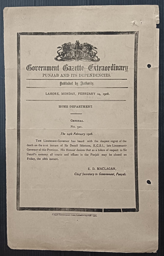 India 1908 mourning Gazette notifying the death of Lt. Gov. Sir Denzil Ibbetson