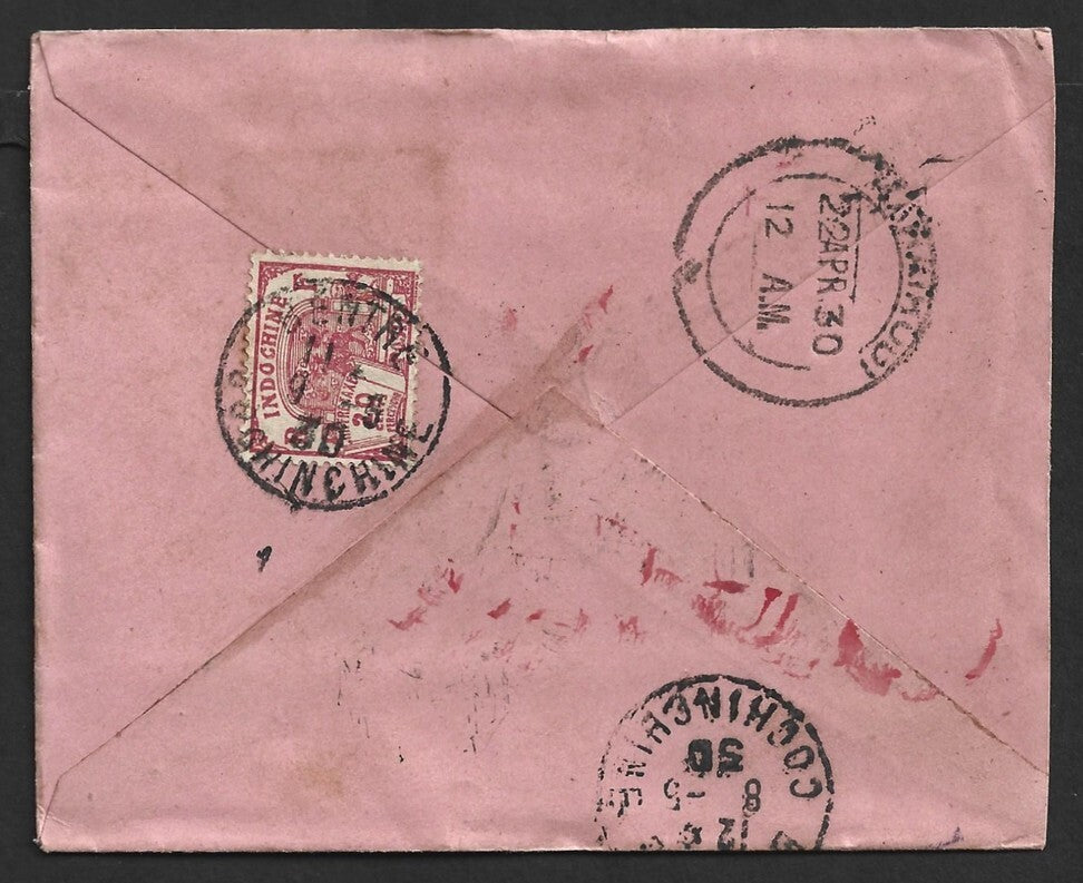AOP Indo China #J54 1927 Postage Due 20c on unpaid cover to India 1930
