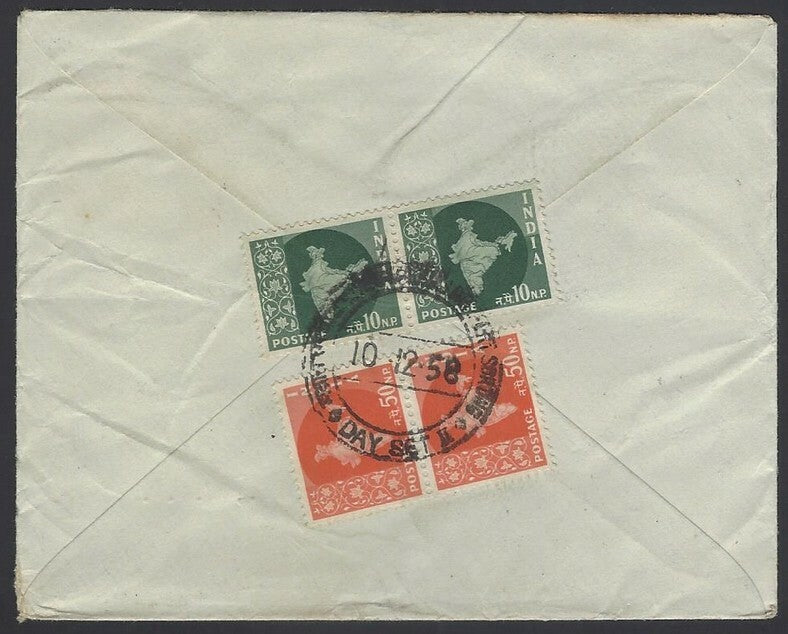 India 15np envelope used 1958 uprated Maps 135np to USA