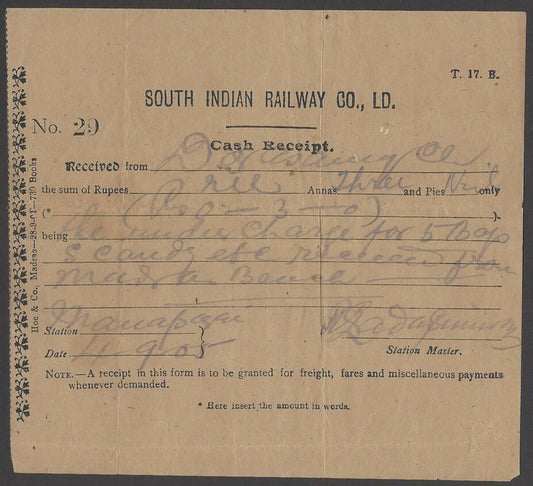 India SOUTH INDIAN RAILWAY CO., LD. 1905 Cash Receipt c