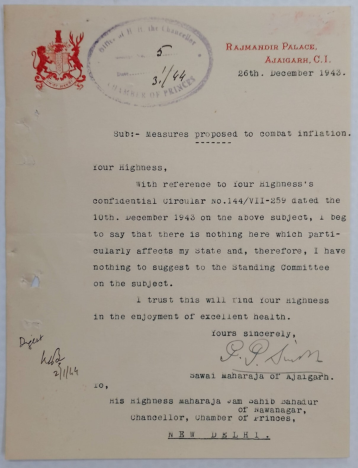 Ajaigarh State India 1943 crested letter signed Maharaja Punya Pratap Singh