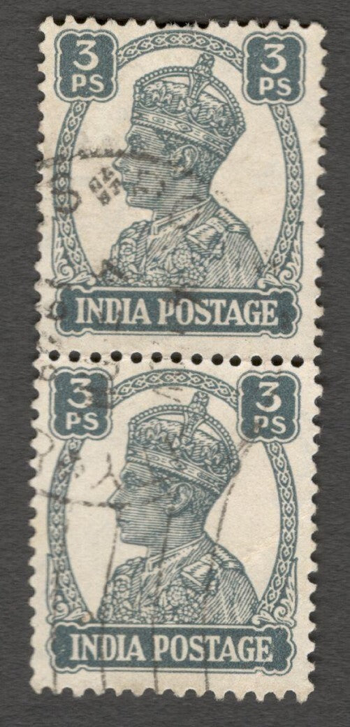 AOP India KGVI 1940-43 3p WATERMARK INVERTED used pair. SG 265w £15