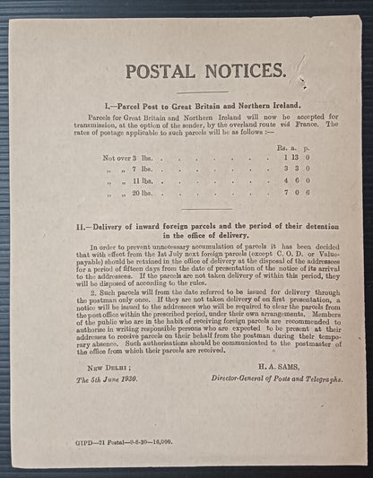 India POSTAL NOTICE 1930 Parcel Post to Britain & Northern Ireland + CIRCULAR