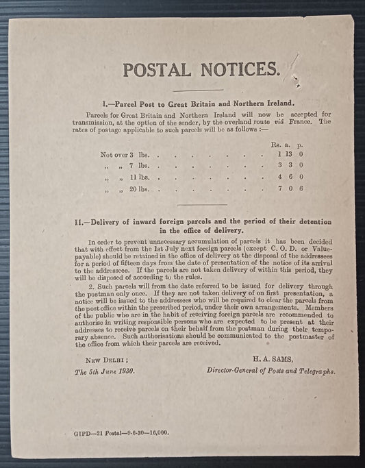 India POSTAL NOTICE 1930 Parcel Post to Britain & Northern Ireland + CIRCULAR