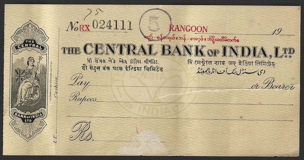 Burma Central Bank of India, RANGOON vintage cheque check