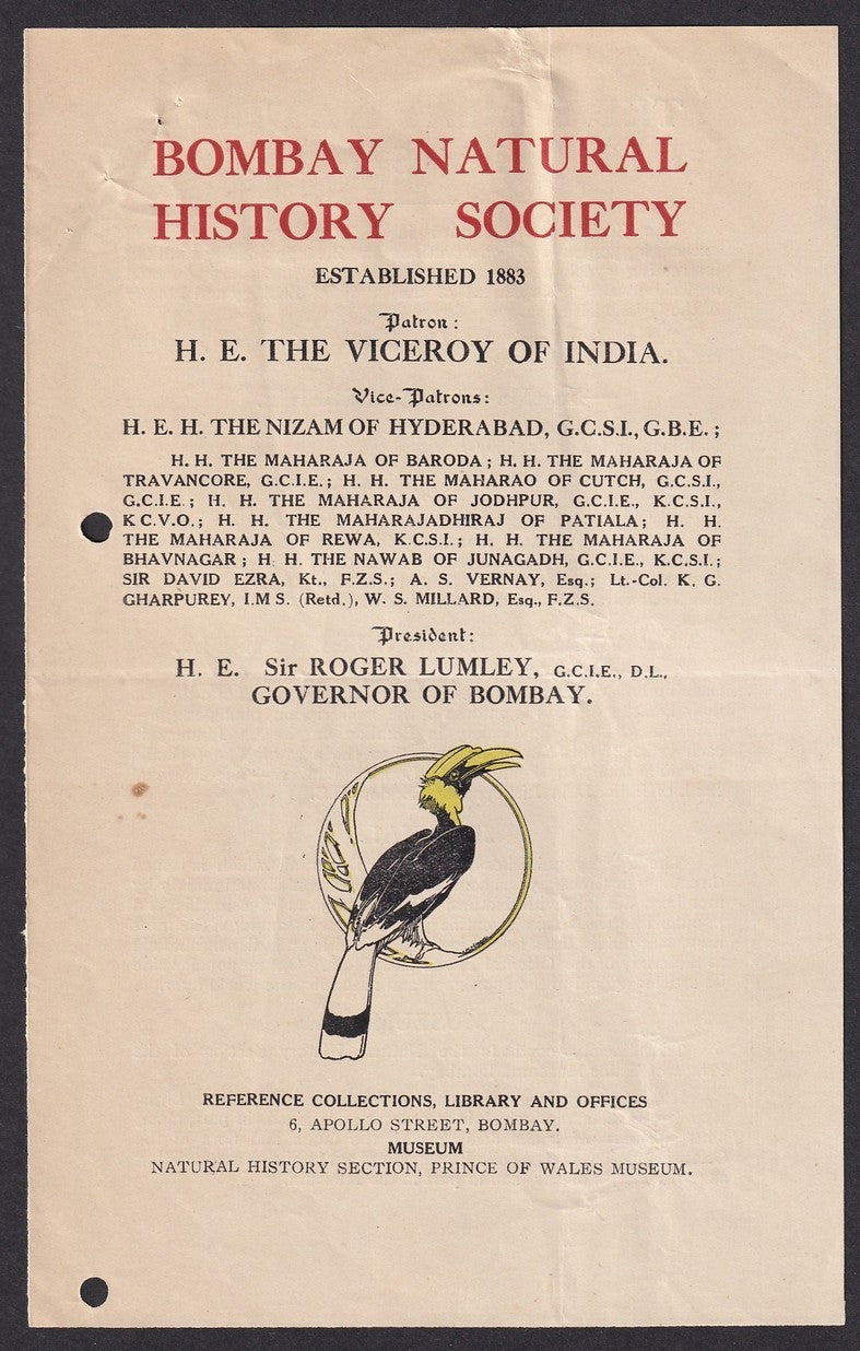 India BOMBAY NATURAL HISTORY SOCIETY ephemera
