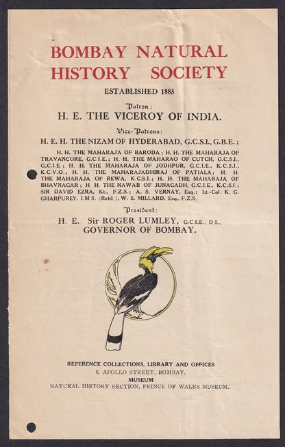 India BOMBAY NATURAL HISTORY SOCIETY ephemera