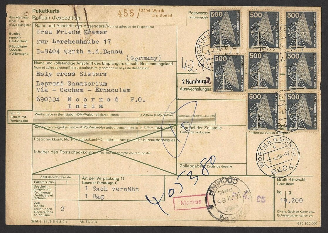 Germany 1975 500pf x 8 on MiF parcel card to India