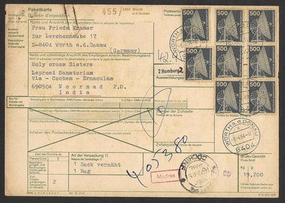 Germany 1975 500pf x 8 on MiF parcel card to India
