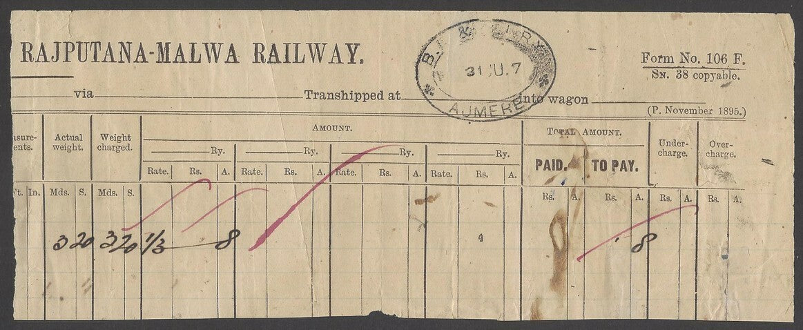 India RAJPUTANA - MALWA RAILWAY 1907 receipt c