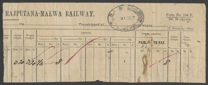 India RAJPUTANA - MALWA RAILWAY 1907 receipt c