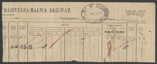India RAJPUTANA - MALWA RAILWAY 1907 receipt c