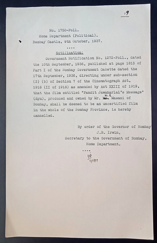 India 1937 Official Order BANNING the movie JAWAHARLAL'S MESSAGE in Bombay