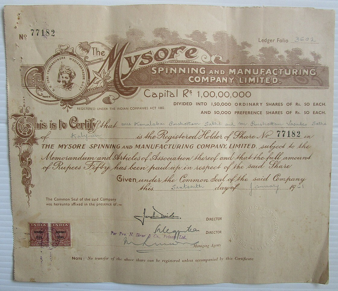 India Mysore Spinning & Mnf. Ltd. Co. 1961 share certificate